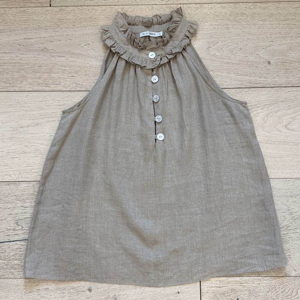 Velia Sierra Ruffle Neck 100% Linen Top in Size Large